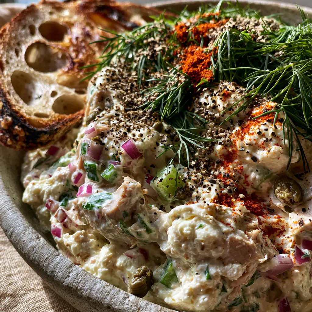 Macro close-up of creamy cottage cheese tuna salad showing flaky albacore, red onion jewels, and fresh dill sprigs. (cottage cheese tuna salad)