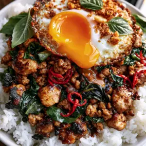Overhead macro shot of caramelized ground chicken with wilted Thai basil and red chilis.