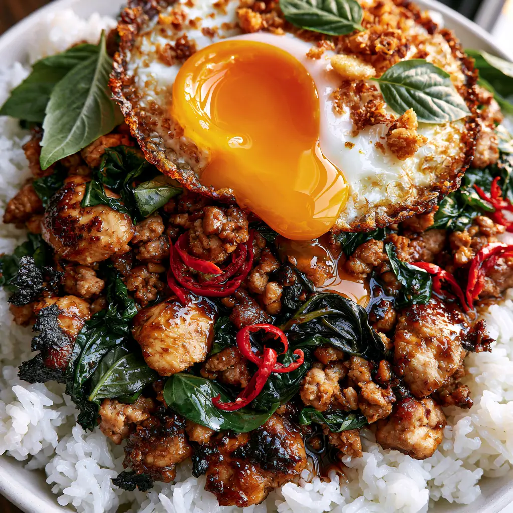 Thai basil chicken (Pad Krapow Gai) with Crispy Fried Egg 2 Overhead macro shot of caramelized ground chicken with wilted Thai basil and red chilis.