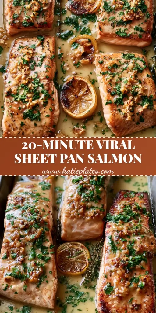 Baked salmon with lemon butter cream sauce: The Ultimate Gourmet Sheet Pan Dinner 3 A top-down view of a dark sheet pan with four golden-brown seared salmon fillets drenched in a glossy lemon butter cream sauce, topped with garlic bits, charred lemons, and fresh parsley. (Baked salmon with lemon butter cream sauce)