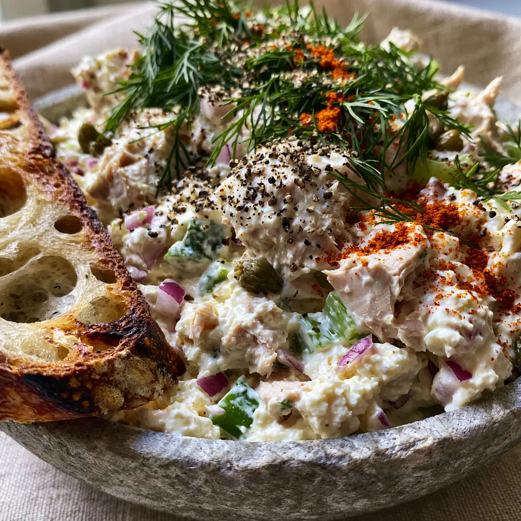 Cottage Cheese Tuna Salad: The Ultimate Creamy High-Protein Lunch 1 Eye-level shot of a textured bowl filled with cottage cheese tuna salad and a side of charred sourdough bread.