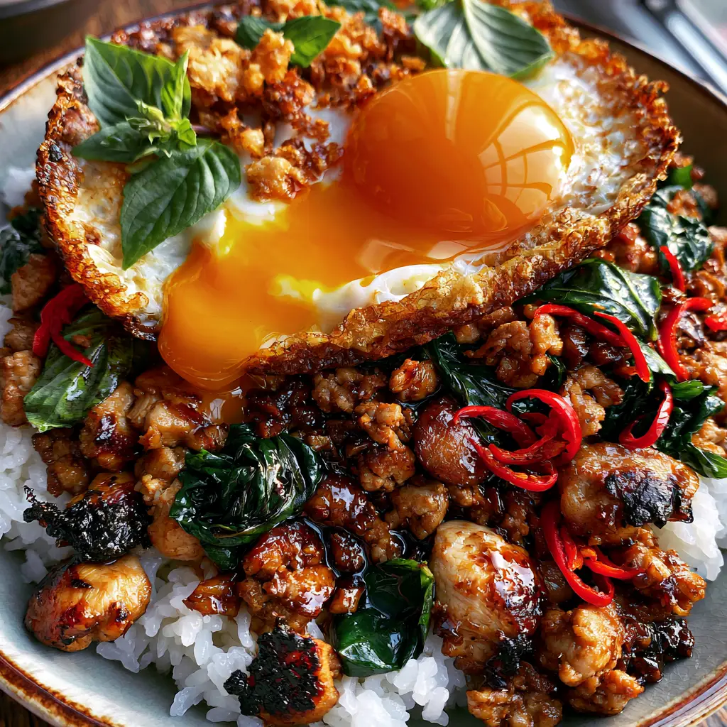 Thai basil chicken (Pad Krapow Gai) with Crispy Fried Egg 1 Extreme close-up of a Thai fried egg with lacy brown edges and a bright orange runny yolk over savory chicken.