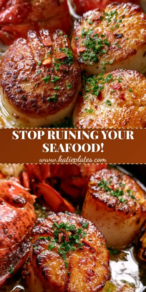 A vertical shot of a black cast iron skillet featuring two butter-poached lobster tails and three jumbo seared scallops in a garlic butter sauce. (garlic butter lobster and scallops)