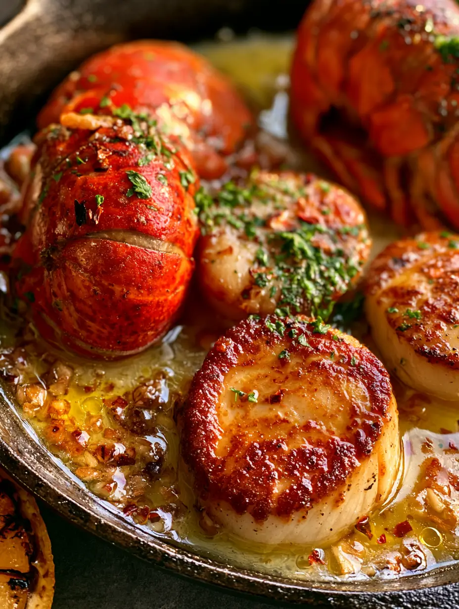 Macro close-up of jumbo sea scallops with a thick caramelized golden-brown seared crust and red lobster tails. (garlic butter lobster and scallops)