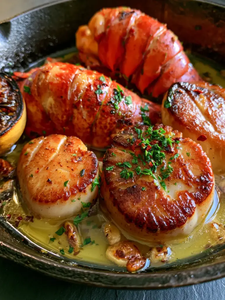 Shimmering translucent yellow garlic butter sauce with toasted garlic bits surrounding succulent lobster meat.