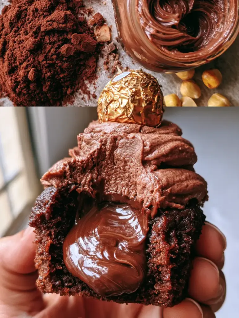 A split screen showing deconstructed ingredients like cocoa and hazelnuts above a macro shot of a Nutella cupcake. (Nutella Cupcakes)