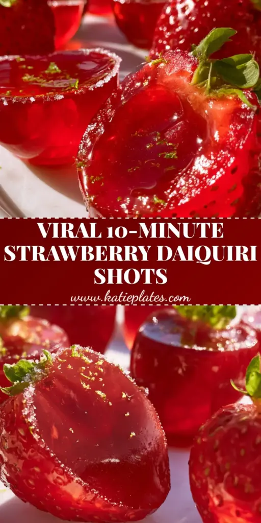 Strawberry Daiquiri Jello Shots in Fresh Strawberries (Classic Summer Cocktail Shots) 4 A close-up of Strawberry Daiquiri Jello Shots served in fresh strawberries with lime zest and a sugar rim on a marble platter.