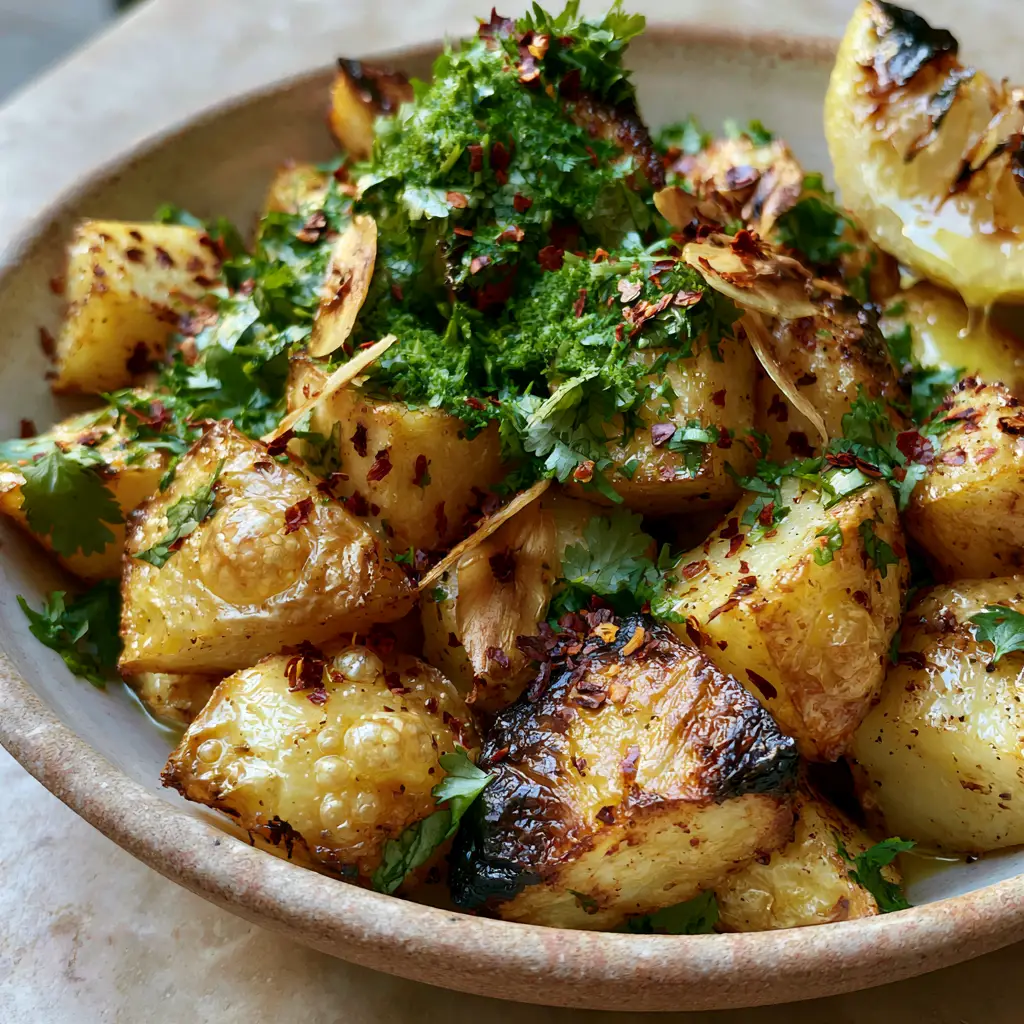 Lebanese spicy potatoes (Batata Harra): The Ultimate Air-Fried Recipe 2 Ultra close-up of Batata Harra showing air-fried bubbles on golden potato skins and charred crispy edges. (Lebanese spicy potatoes)