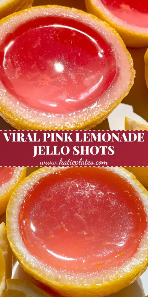 Summer Jello Shots in Fresh Lemon Rinds: The Ultimate Pink Lemonade Party Treat 4 Bright pink lemonade Summer Jello Shots served in vibrant yellow lemon wedges on a white table in direct sunlight. (Summer Jello Shots)