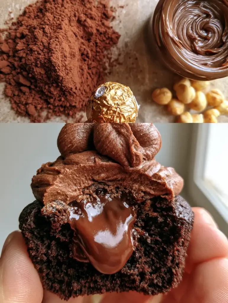 Nutella Cupcakes With Molten Hazelnut Centers 1 Extreme macro close-up of a halved chocolate cupcake with a thick glossy molten hazelnut core held by a hand. (Nutella Cupcakes)