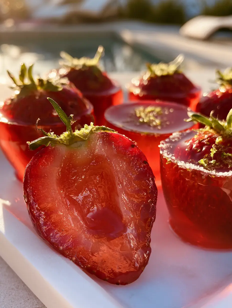 Strawberry Daiquiri Jello Shots in Fresh Strawberries (Classic Summer Cocktail Shots) 3 Macro photo of gourmet Strawberry Daiquiri Jello Shots in hollowed strawberries with a translucent ruby red interior.
