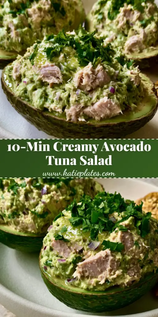 Avocado Tuna Salad: The Ultimate Creamy, Mayo-Free Power Lunch 4 A close-up shot of avocado tuna salad stuffed into vibrant green avocado shells, served on a white plate with golden seed crackers. (avocado tuna salad)