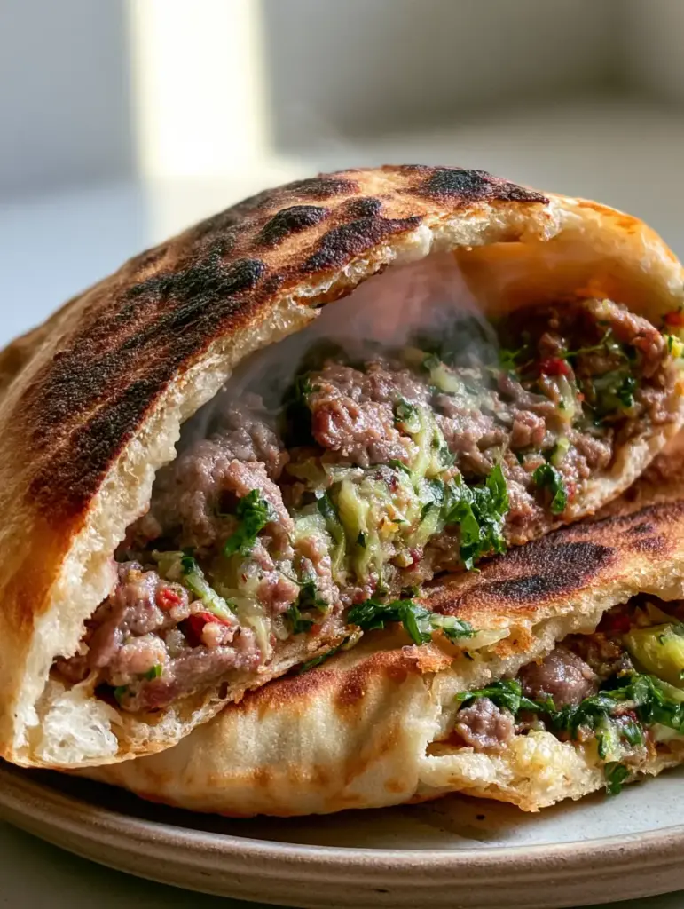 veggie-packed Hawawshi: The Ultimate Crispy Egyptian Stuffed Pita 2 Handheld photo of golden-brown veggie-packed Hawawshi pita bread with visible zucchini and red pepper specks.