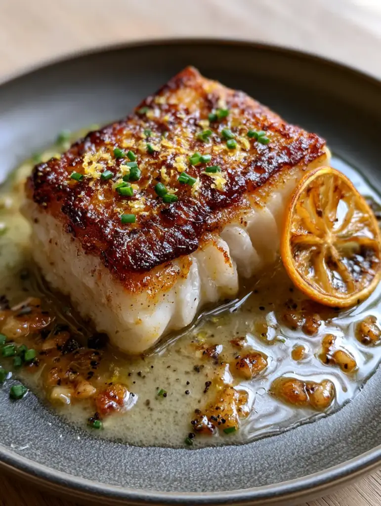 Seared Cod Fillets with Lemon Garlic Butter and Toasted Garlic 2 Extreme close-up of seared cod fillets with a mahogany-gold crust on a charcoal plate. (seared cod fillets)