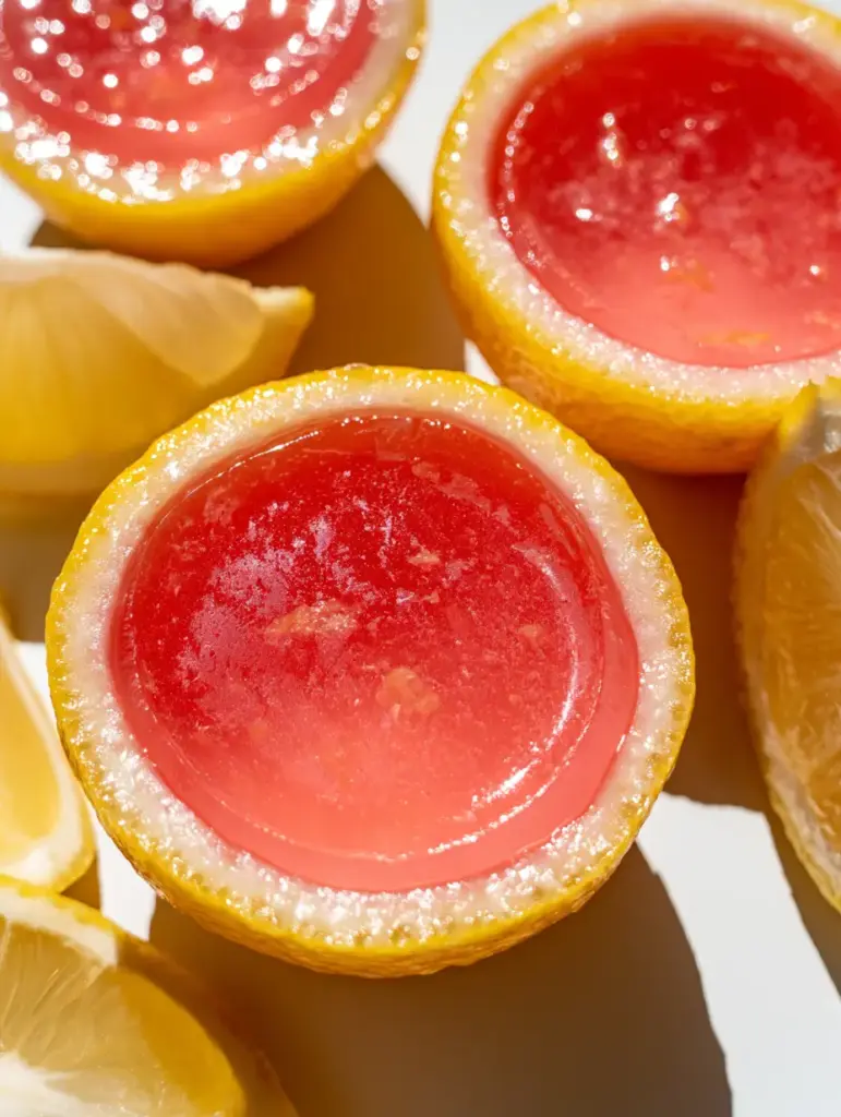 Macro shot showing the translucent blush pink gelatin and fine water condensation on a lemon rind. (Summer Jello Shots)