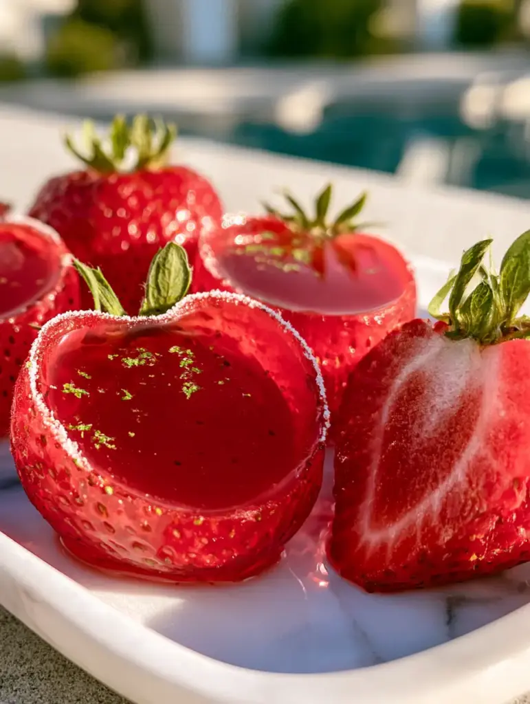 Strawberry Daiquiri Jello Shots in Fresh Strawberries (Classic Summer Cocktail Shots) 1 A sliced Strawberry Daiquiri Jello Shot revealing a smooth, firm ruby red jelly interior and glistening sugar rim.