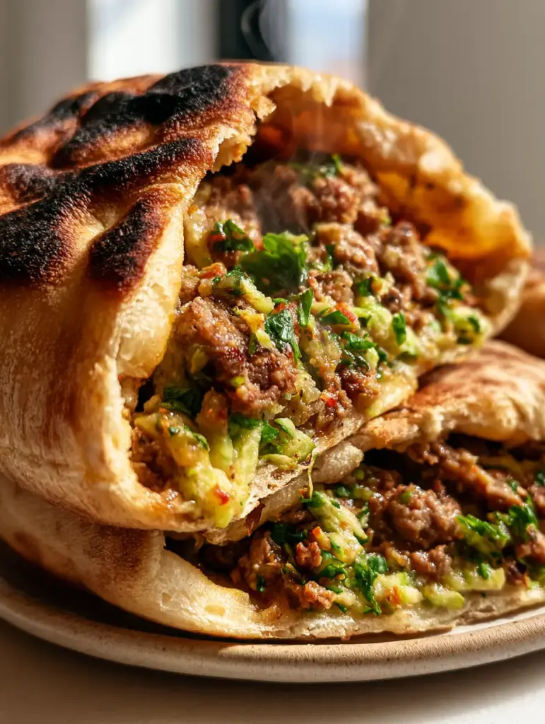veggie-packed Hawawshi: The Ultimate Crispy Egyptian Stuffed Pita 1 Sliced veggie-packed Hawawshi on a ceramic plate, steaming hot with bright green parsley visible in the filling.