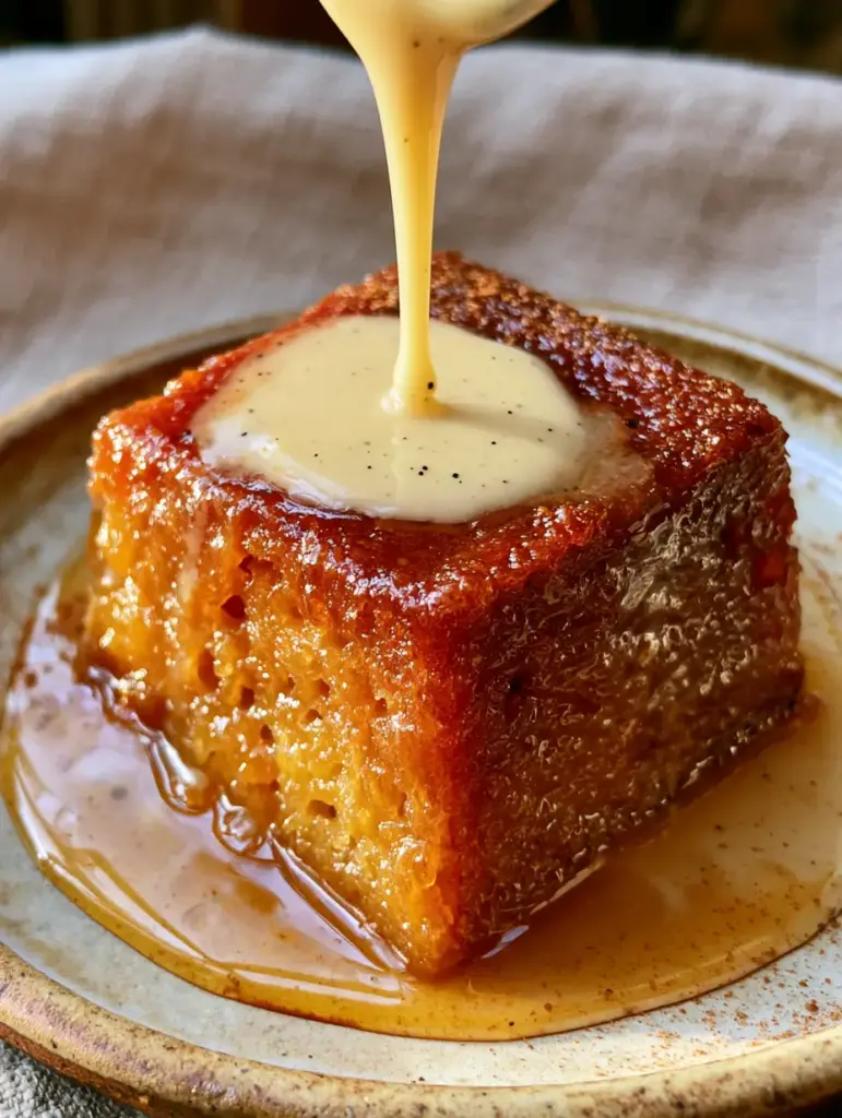 Close-up of the porous, aerated texture of a caramelized Malva Pudding sponge glistening with cream sauce. (South African recipes)