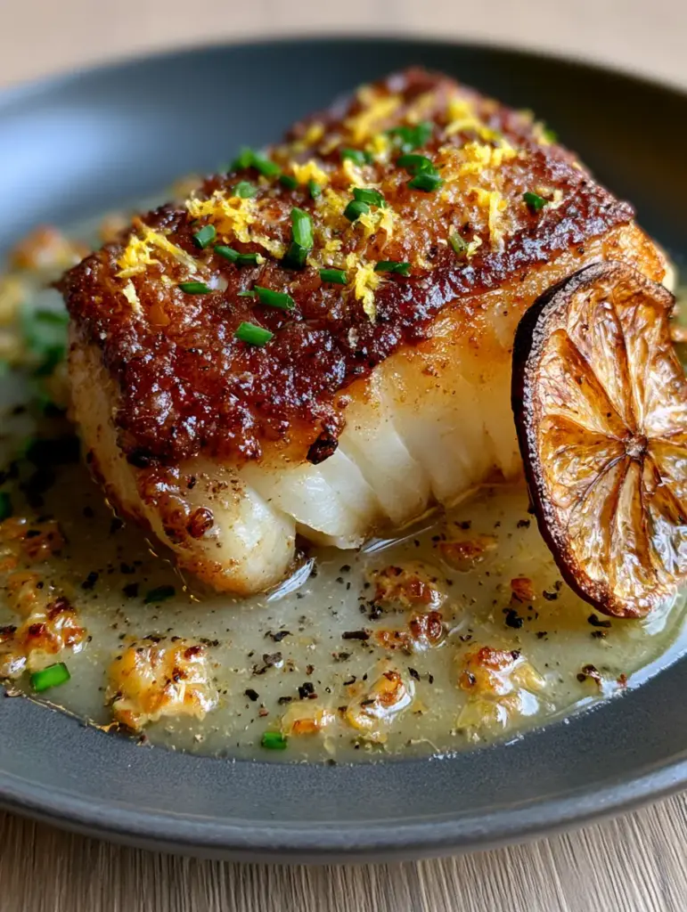 Seared Cod Fillets with Lemon Garlic Butter and Toasted Garlic 1 Close-up of flaky white seared cod fillets sitting in a pool of lemon garlic butter sauce with chives.