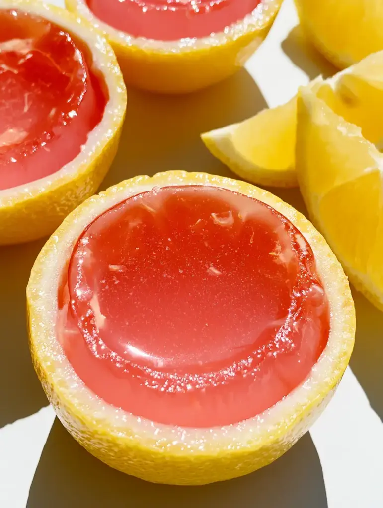 Summer Jello Shots in Fresh Lemon Rinds: The Ultimate Pink Lemonade Party Treat 1 Overhead view of several Summer Jello Shots in lemon halves with sharp high-contrast shadows on a white surface.