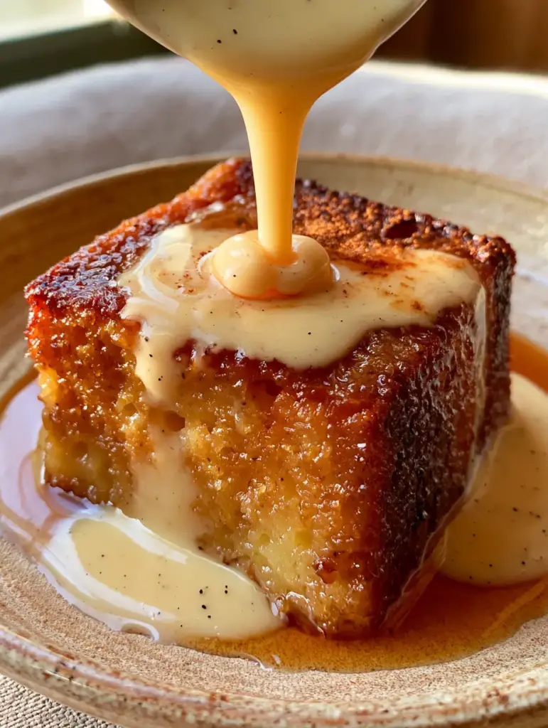 South African Recipes: The Ultimate Malva Pudding with Vanilla Bean Custard 1 Thick vanilla bean custard being poured over a square of caramelized South African Malva Pudding with an amber caramel pool.