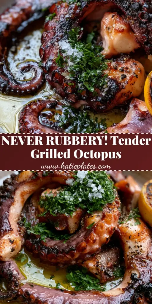 Grilled Octopus with Lemon, Olive Oil, and Crispy Charred Suction Cups 3 Tender grilled octopus tentacles with charred suction cups and lemon-olive oil drizzle on a rustic plate. (grilled octopus)