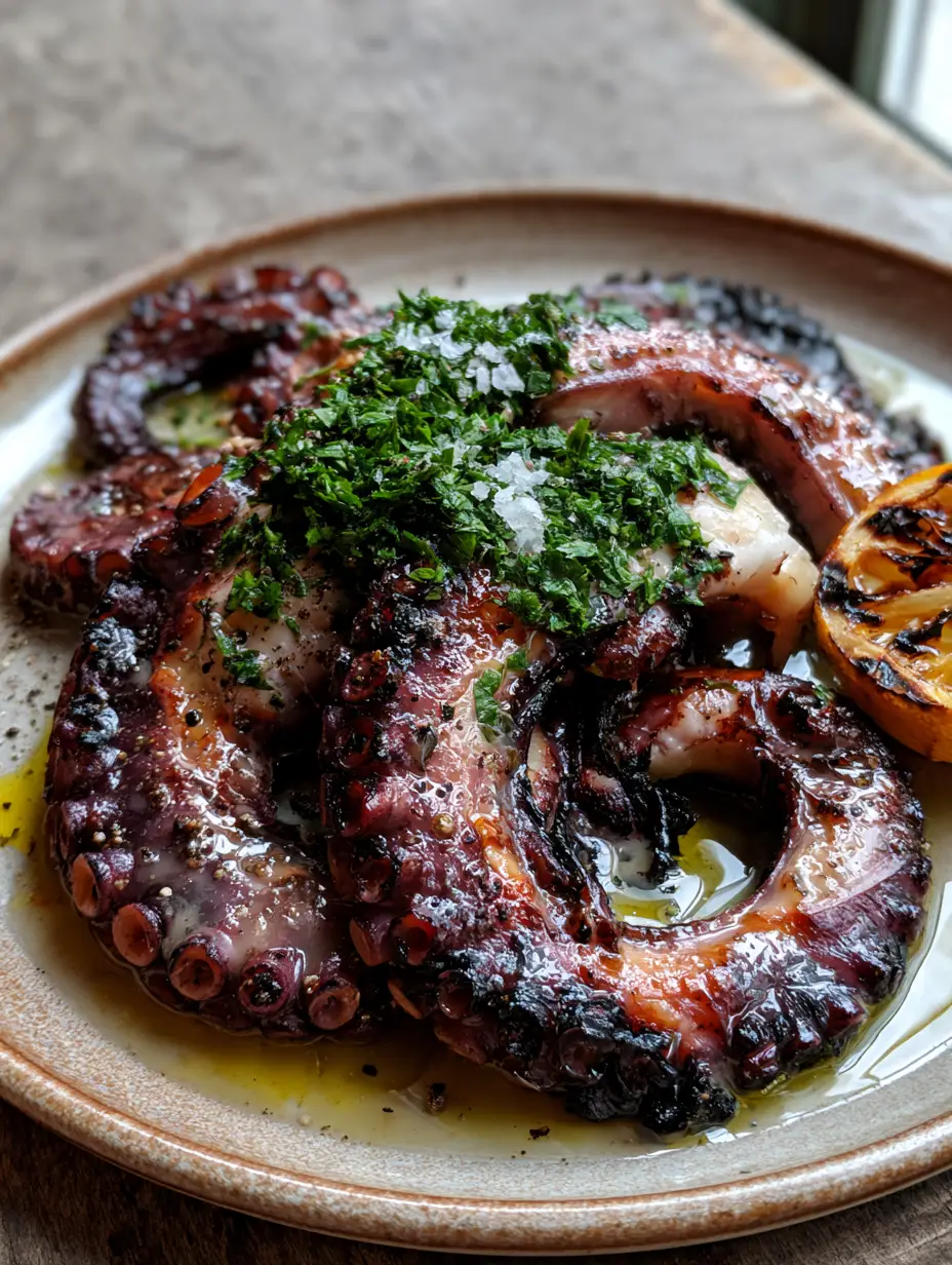 Grilled Octopus with Lemon, Olive Oil, and Crispy Charred Suction Cups 4 Close up of mahogany grilled octopus tentacles showing crispy charred suction cups and fresh parsley garnish. (grilled octopus)