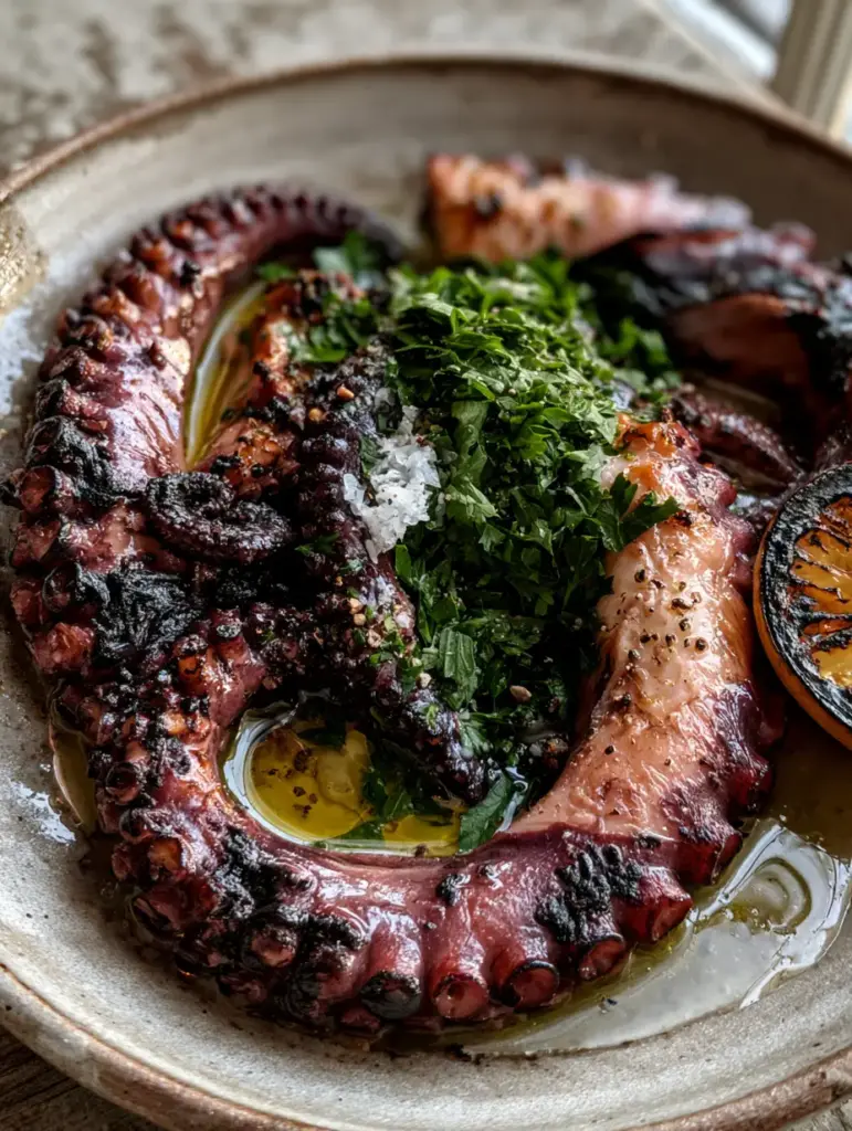Grilled Octopus with Lemon, Olive Oil, and Crispy Charred Suction Cups 1 A rustic plate of grilled octopus drizzled with lemon-olive oil emulsion next to a charred lemon half.