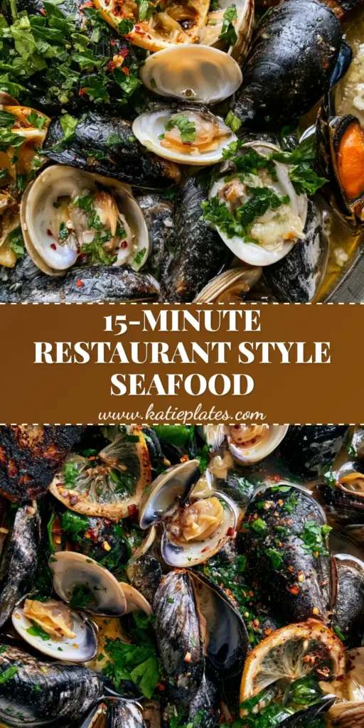 A shallow stainless steel pan filled with steamed clams and mussels in a glossy garlic butter sauce with charred sourdough. (Clams and mussels recipe)
