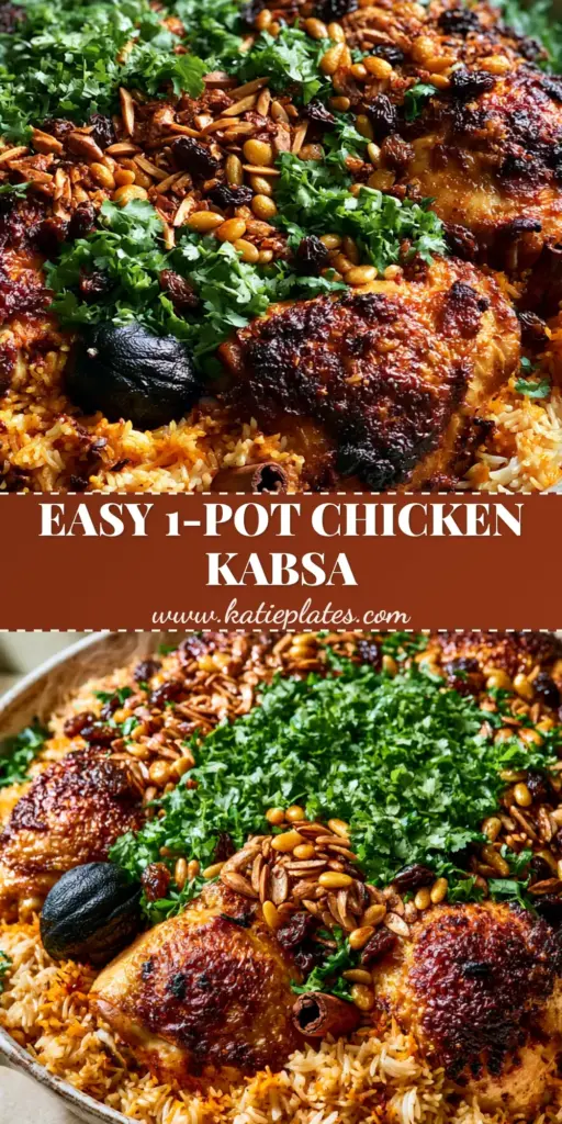 Overhead view of authentic chicken kabsa in a rustic skillet with golden-orange rice, crispy chicken, and toasted nuts.