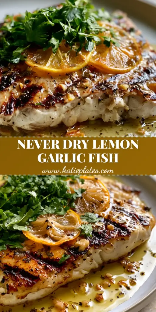 A close-up of a succulent grilled white fish fillet featuring deep charred grill marks and a glistening lemon garlic butter glaze. (Grilled Fish Marinades)