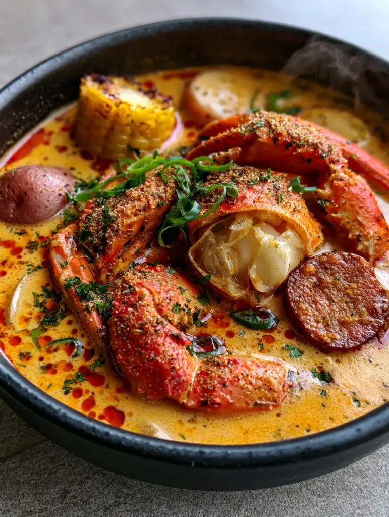A close-up of seared andouille sausage and charred corn rounds inside a rich Southern crab stew.