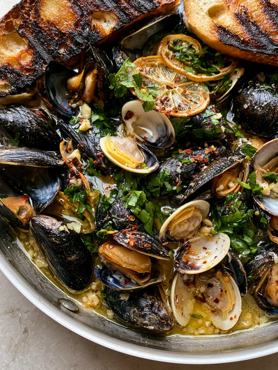 Overhead shot of steamed black mussels and littleneck clams in a golden wine sauce. (Clams and mussels recipe)