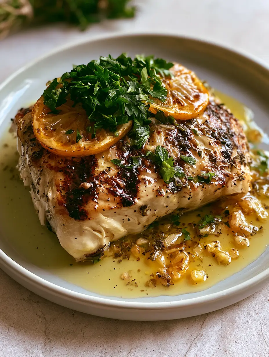 Succulent white fish fillet with caramelized lemon wheels and fresh parsley garnish on a minimalist plate. (Grilled Fish Marinades)