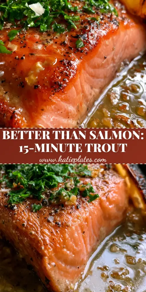 A top-down view of pan-seared steelhead trout in a skillet with crispy skin and garlic butter. (How to cook steelhead trout)