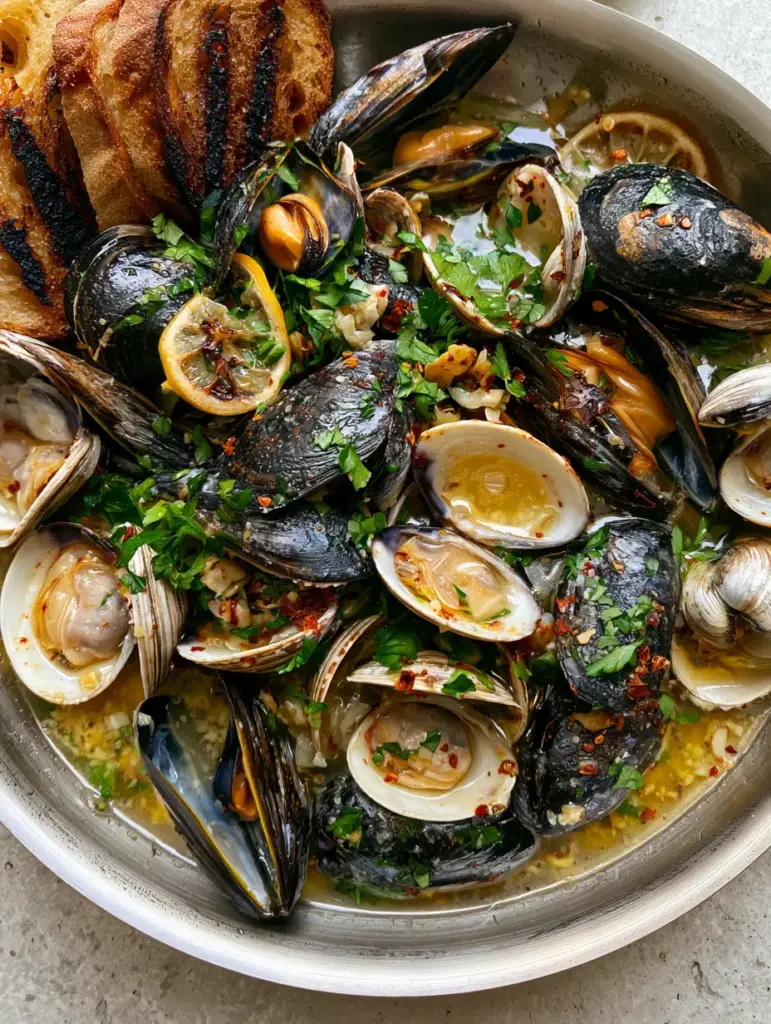 Detailed close-up of sautéed garlic and herbs over open mussels and clams.