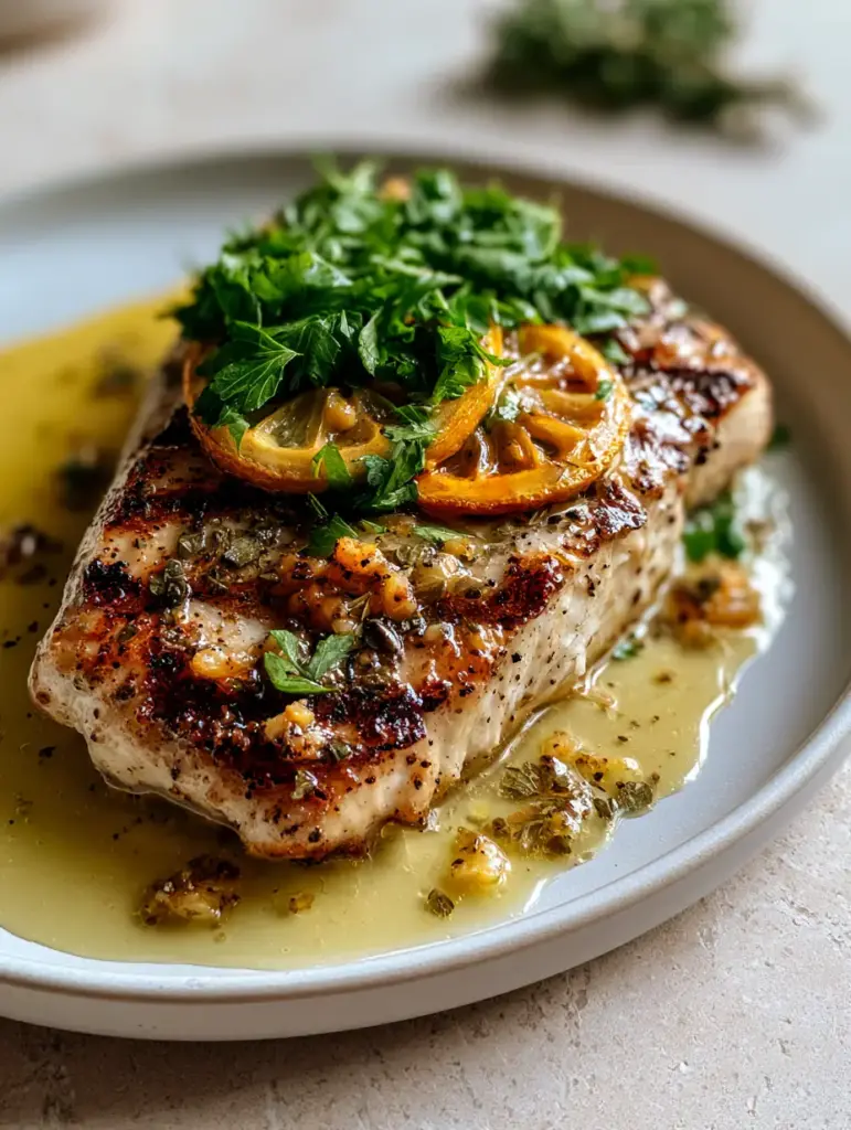 Top view of a grilled white fish fillet drenched in oily lemon-garlic glaze with visible oregano flakes.