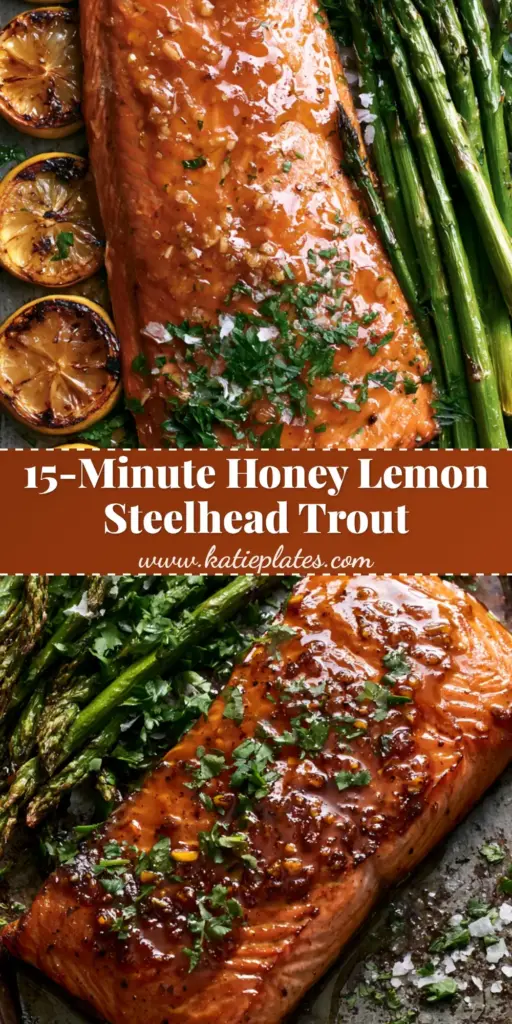Baked Honey Lemon Steelhead Trout with Blistered Asparagus 3 A top-down view of baked honey lemon steelhead trout with glossy glaze, charred lemons, and blistered asparagus on a dark sheet pan.