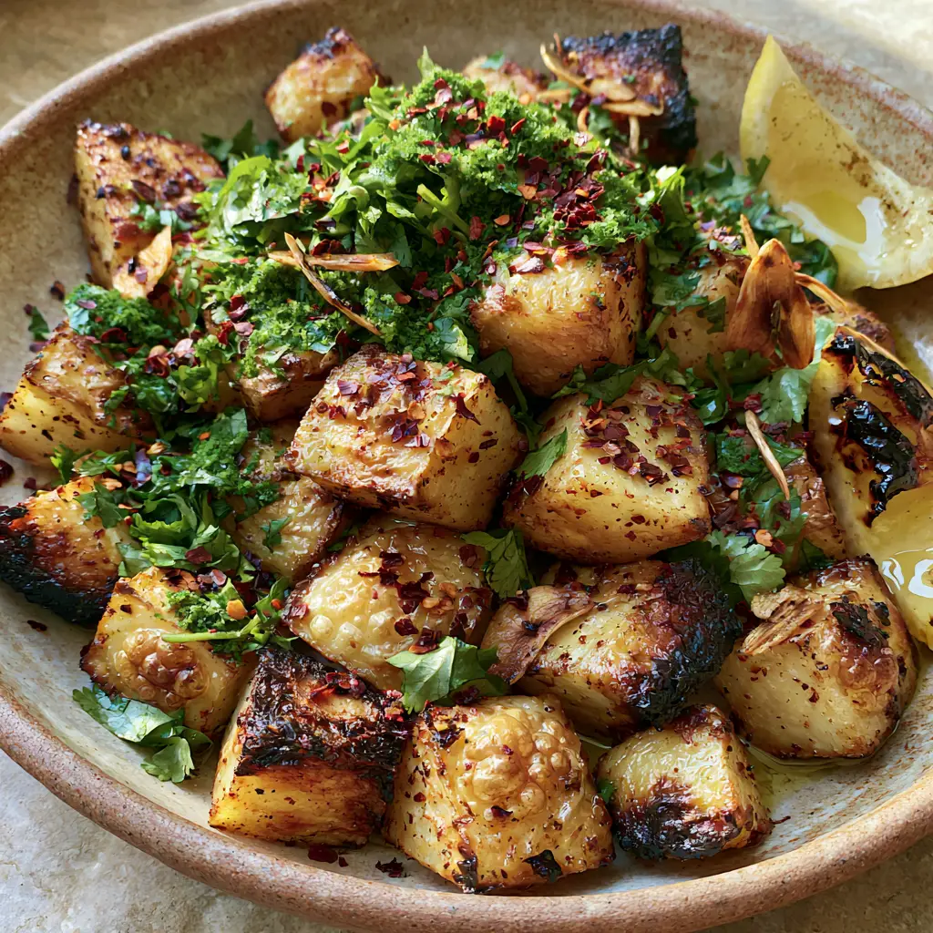 Lebanese spicy potatoes (Batata Harra): The Ultimate Air-Fried Recipe 1 Handheld photo of Lebanese spicy potatoes in a ceramic bowl with toasted garlic slivers and a fresh lemon glisten.