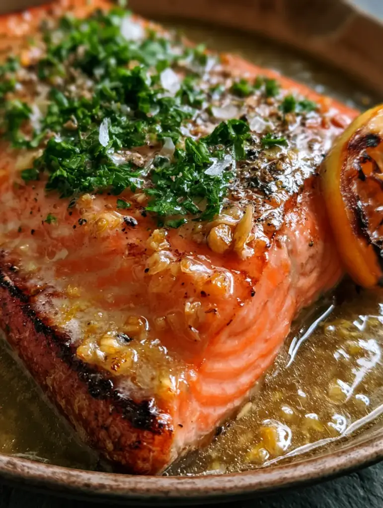 Steelhead trout fillet drenched in shimmering molten garlic butter sauce with parsley.
