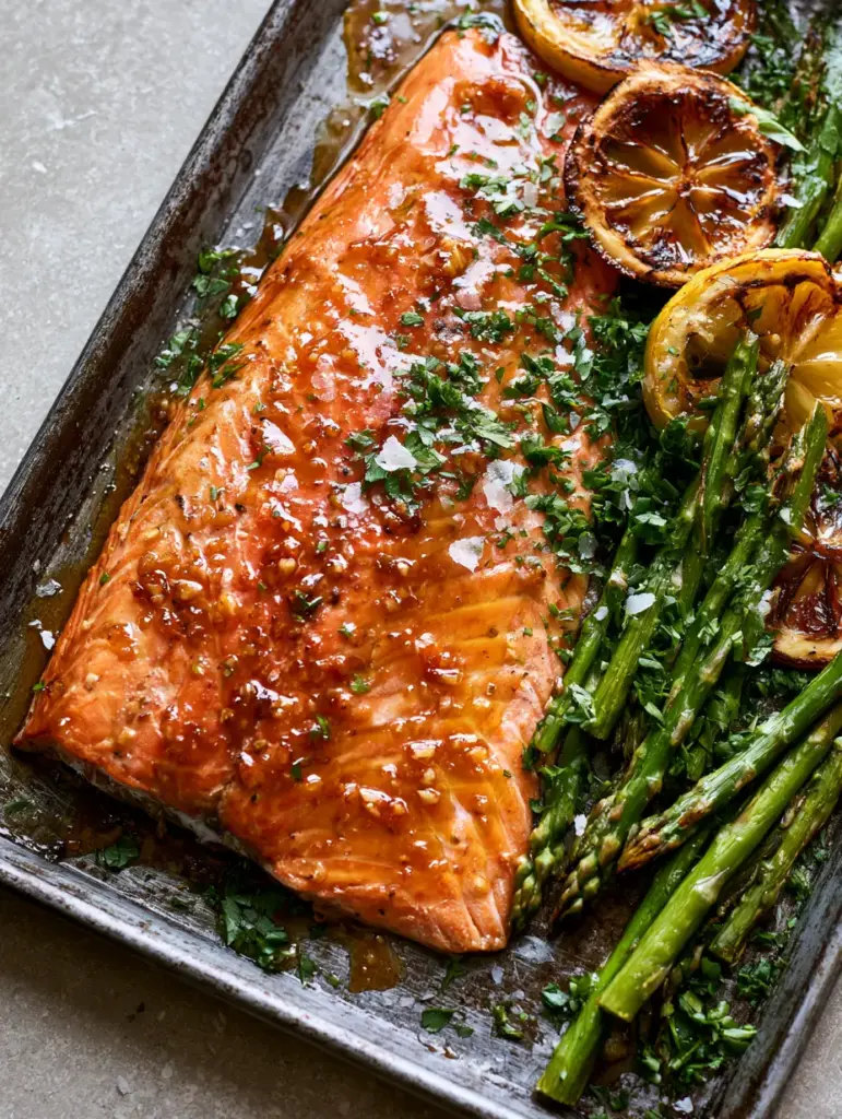 Baked Honey Lemon Steelhead Trout with Blistered Asparagus 2 Close up of seared steelhead trout with a thick glossy amber honey glaze and sautéed garlic specks. (baked honey lemon steelhead trout)