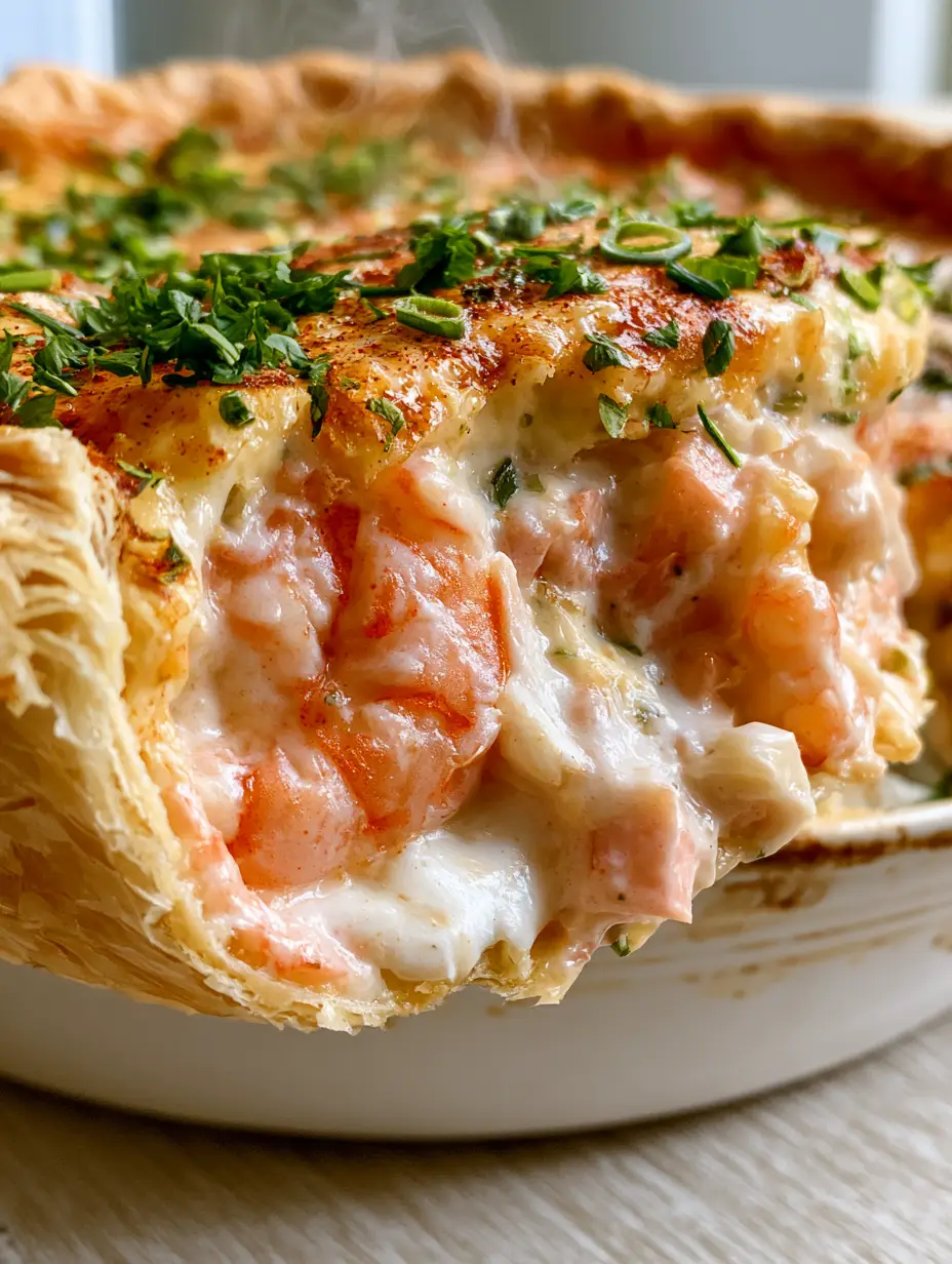 A macro cross-section of Florida shrimp pie showing pink wild-caught shrimp and creamy Gruyere sauce.