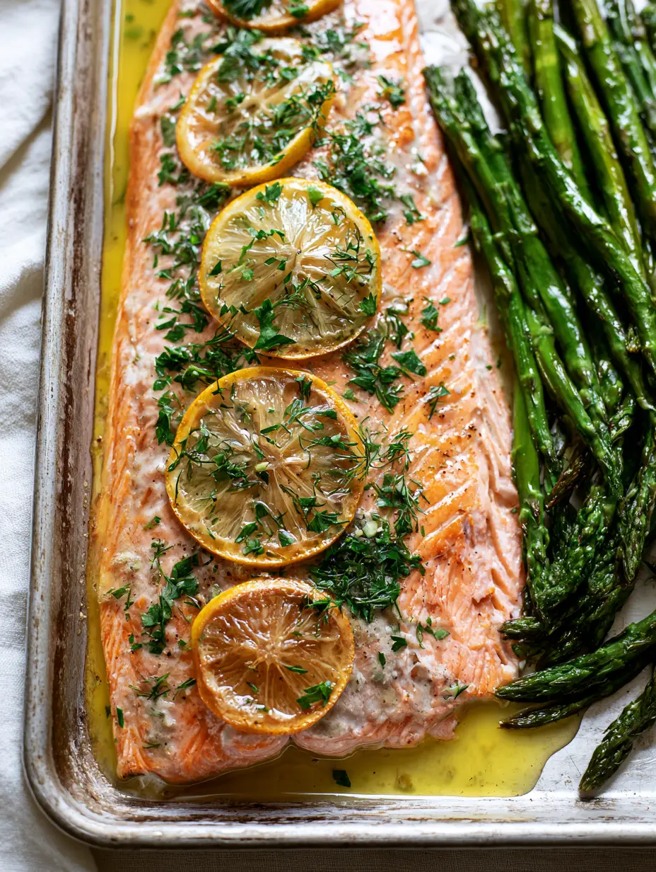 Top-down view of a moist pinkish-orange Baked Fresh Rainbow Trout fillet with melted lemon garlic butter sauce and fresh dill.