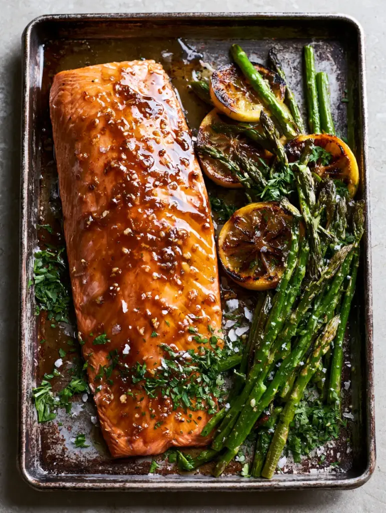 Baked Honey Lemon Steelhead Trout with Blistered Asparagus 1 Moist steelhead trout fillet flaking naturally next to charred lemon rounds and blistered asparagus tips.