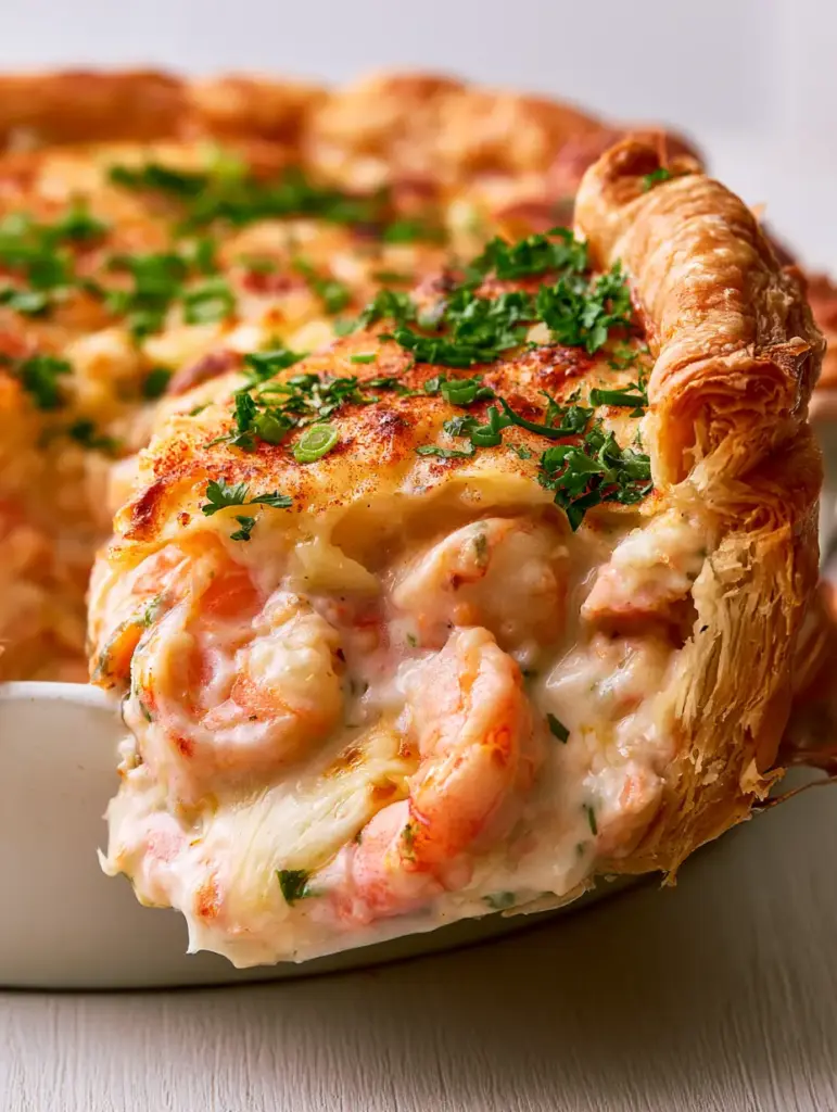 Golden brown butter crust on a fresh Florida shrimp pie being lifted with a server.