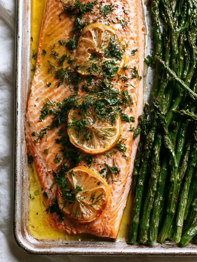 Baked Fresh Rainbow Trout on a silver baking sheet with roasted green asparagus and charred lemon rounds.
