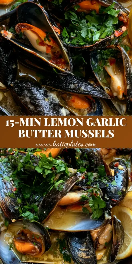 A Pinterest-style vertical shot of lemon garlic butter mussels in a cast iron skillet with golden sauce and parsley.