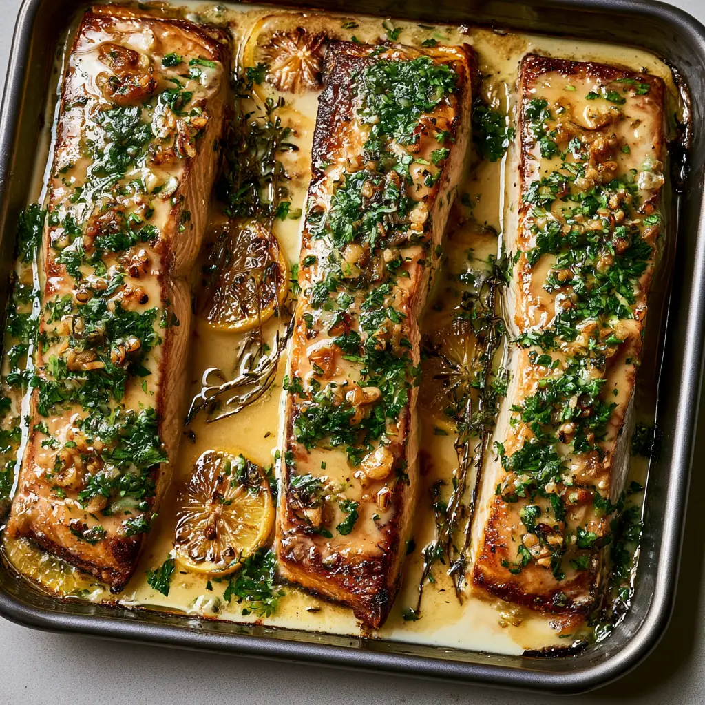Baked salmon with lemon butter cream sauce: The Ultimate Gourmet Sheet Pan Dinner 2 Four Atlantic salmon fillets on a metallic pan, basted in a light golden garlic cream sauce with visible herbs and charred lemon slices. (Baked salmon with lemon butter cream sauce)