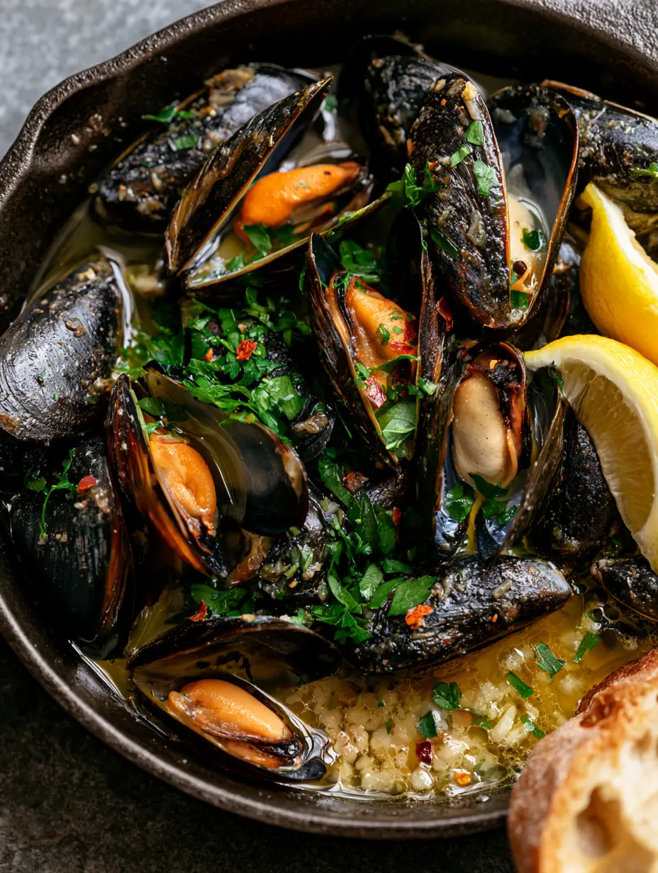 Top-down macro shot of plump lemon garlic butter mussels in a shimmering golden sauce with garlic bits.