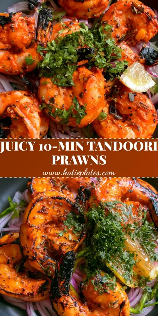 A top-down macro shot of charred tandoori prawns with vibrant orange marinade, blistered edges, and fresh cilantro in a matte black bowl.